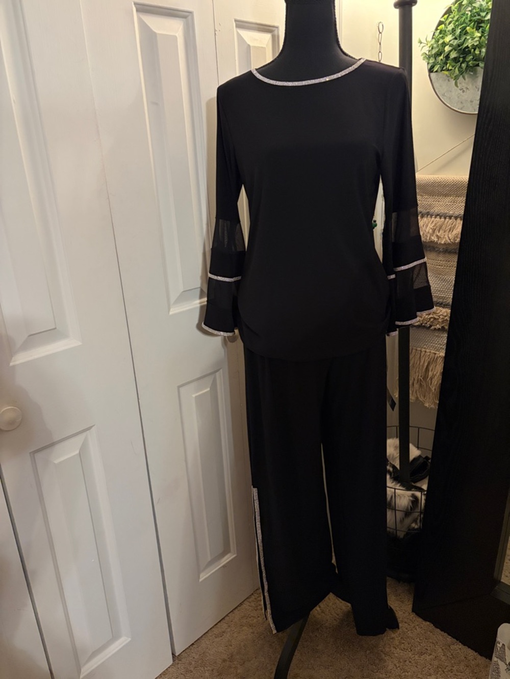 MSK Black Ruffled Bell Sleeves Two-Piece Set with Rhinestone Trim